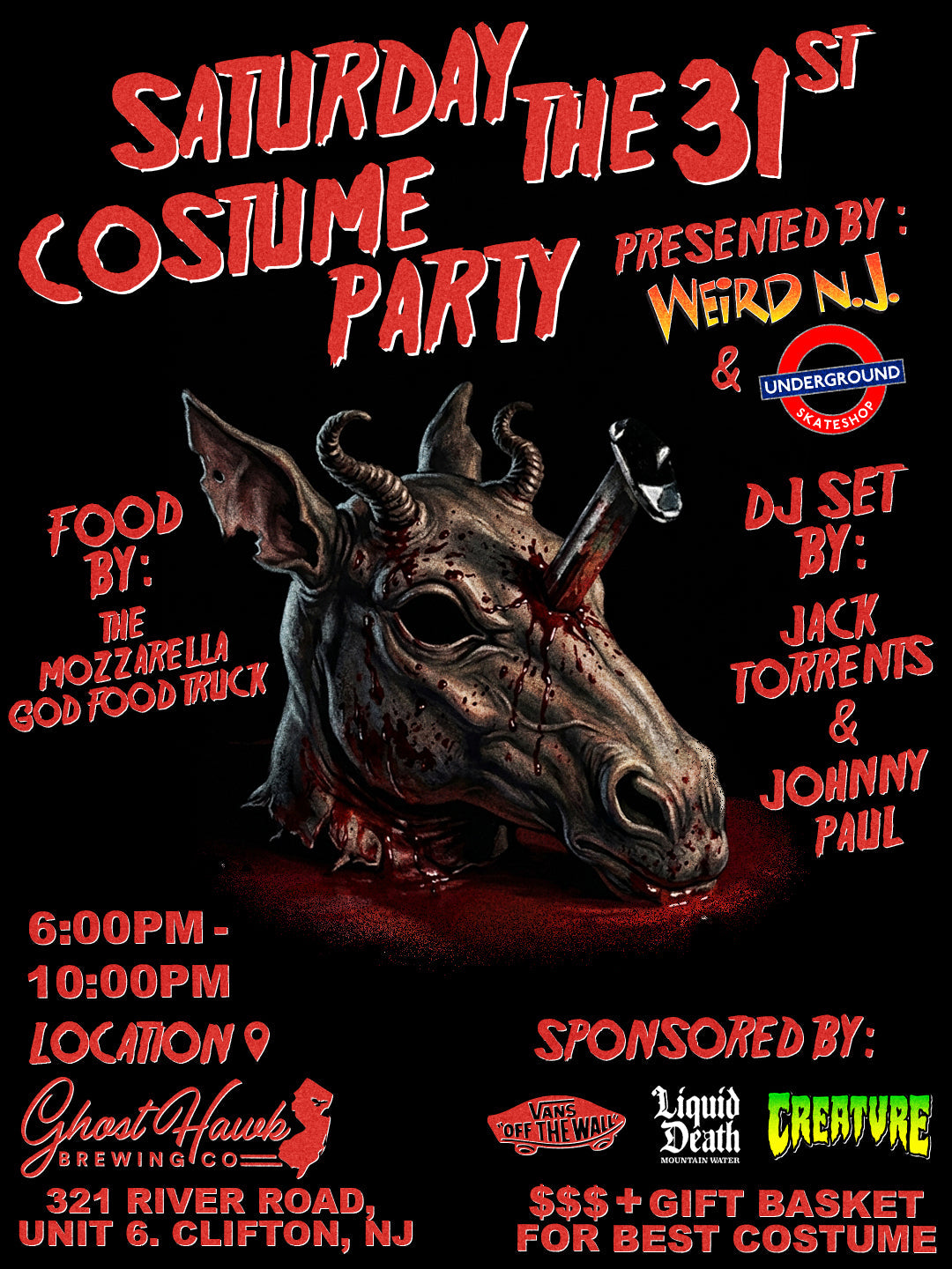 Halloween costume party flyer: Weird N.J. and Underground Skate Shop at Ghost Hawk Brewing Co., October 31, 6–10 PM.