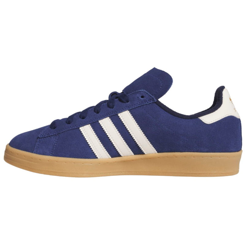 A classic Adidas Campus sneaker in navy blue suede with three white stripes, a white heel tab, and a gum brown sole.