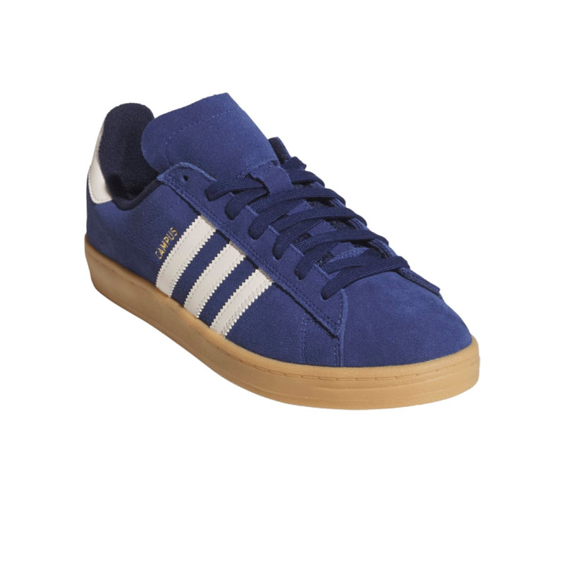 A blue suede Adidas Campus sneaker with three white stripes, a gum sole, and navy laces.
