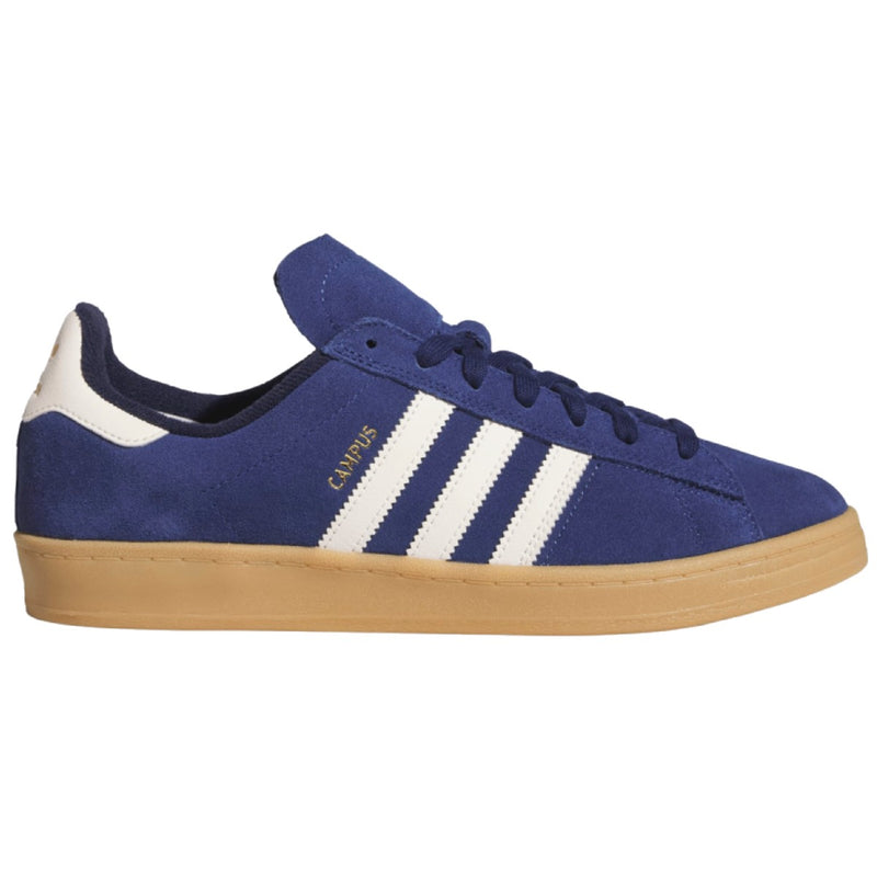 A blue suede Adidas Campus sneaker with white three-stripes, a tan gum sole, and gold 'CAMPUS' text on the side.
