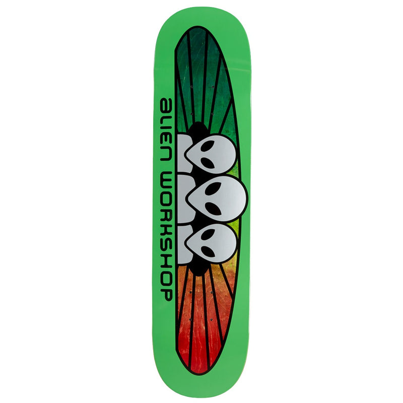 A skateboard deck featuring a bright green border with a central graphic of three white alien heads over a red, orange, and green gradient, with the text 'alien workshop' printed vertically on the left side.