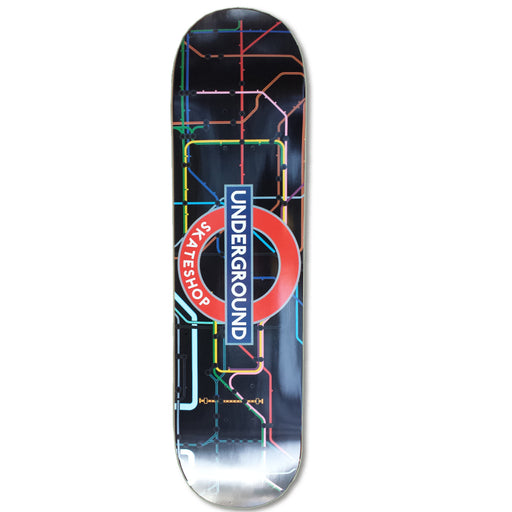 A skateboard deck featuring a London Underground-style transit map graphic on a black background, with a large red circle logo and the words 'UNDERGROUND SKATESHOP' in white on a blue vertical rectangle.
