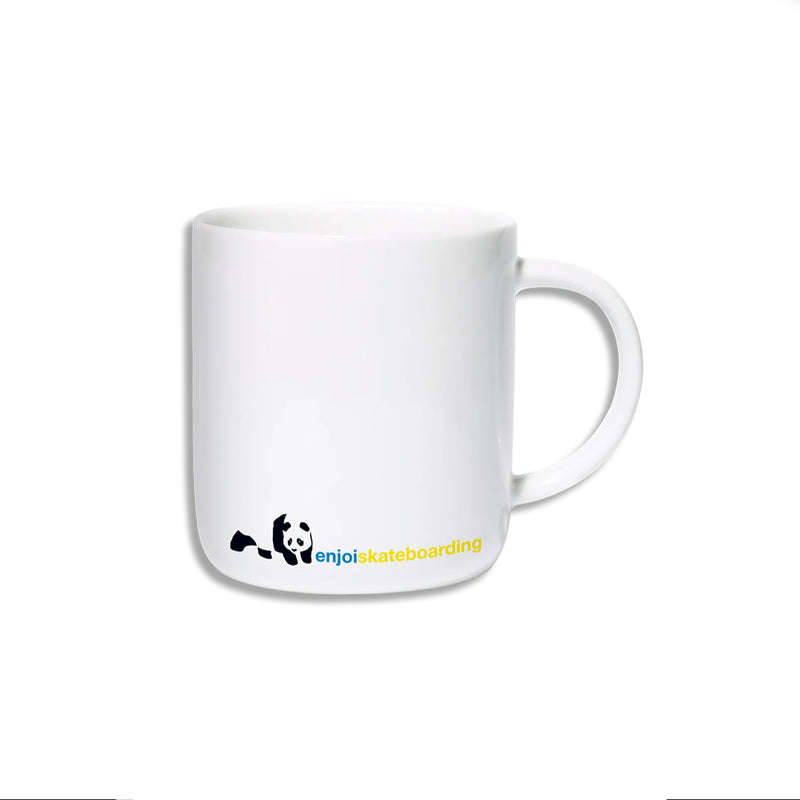 A Enjoi white ceramic mug with a small panda graphic and the text 'enjoiskateboarding' printed near the bottom left, shown on a plain white background.