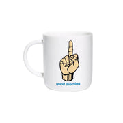 A Enjoi white ceramic mug featuring a cartoon illustration of a hand showing the middle finger, with the text 'good morning' printed in blue below it, set against a plain white background.