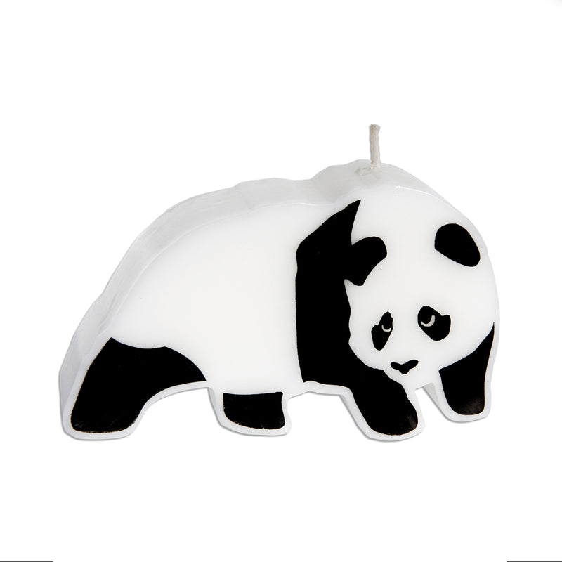 A Enjoi panda-shaped candle with a white wax body, black painted accents, and a white wick on a plain white background.