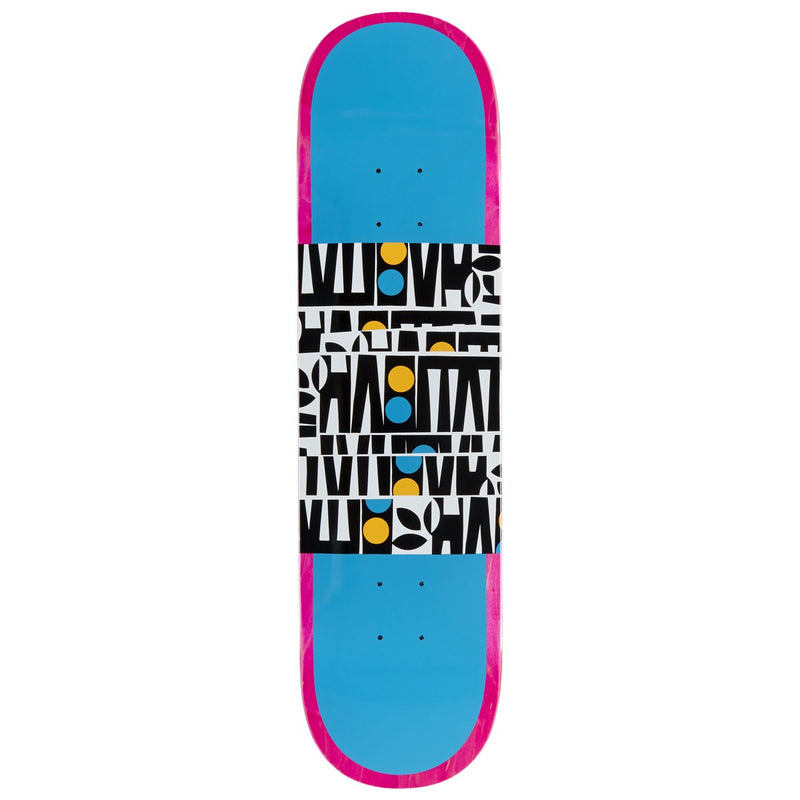 Skateboard deck with geometric pattern on a white background