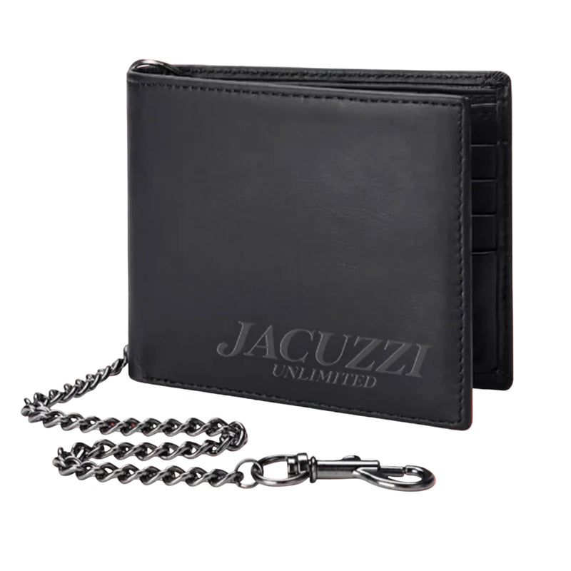 A black leather bi-fold wallet with a silver metal chain strap and clasp, featuring the debossed brand name 'JACUZZI UNLIMITED' on the front, set against a solid coral background.
