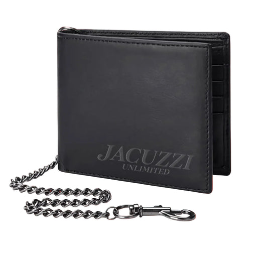 A black leather bi-fold wallet with a silver metal chain strap and clasp, featuring the debossed brand name 'JACUZZI UNLIMITED' on the front, set against a solid coral background.