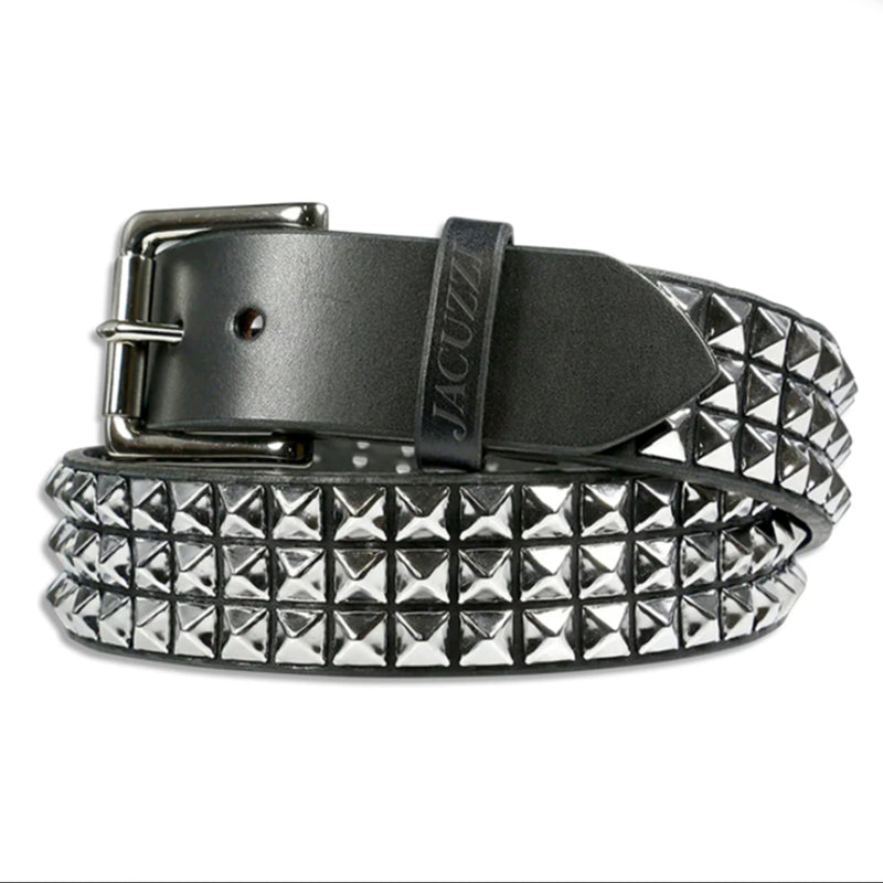 A Jacuzzi black leather belt with pyramid studs on the outer edge and a silver-tone buckle, coiled on a white background. The brand name 'JJacuzzi' is embossed on the keeper.