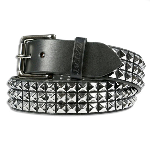 A Jacuzzi black leather belt with pyramid studs on the outer edge and a silver-tone buckle, coiled on a white background. The brand name 'JJacuzzi' is embossed on the keeper.