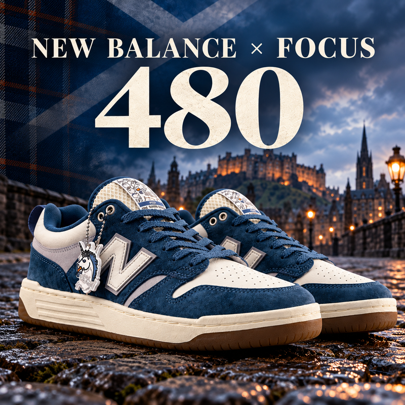 New Balance x Focus 480 mobile banner featuring blue and white skate shoes, Edinburgh Castle, cobblestones and Scottish tartan.