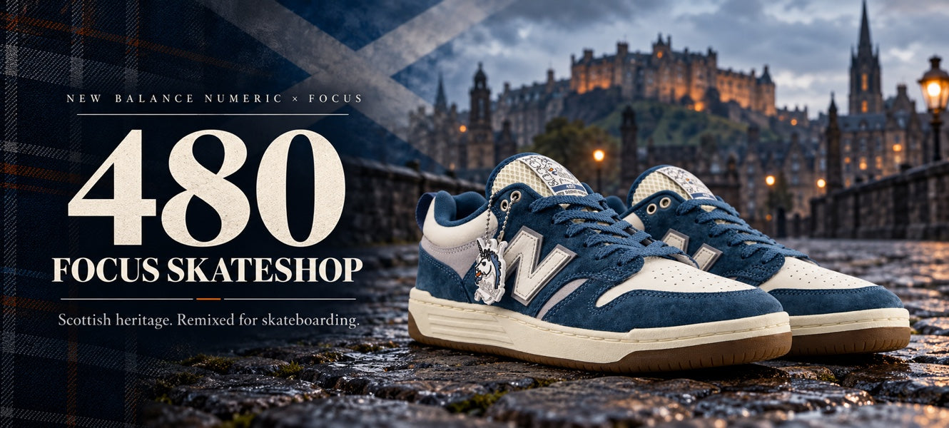 New Balance Numeric 480 Focus Skateshop collaboration in blue and white, with Edinburgh cobblestones and Scottish heritage background.
