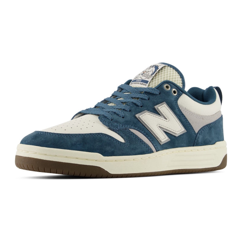 New Balance Numeric 480 Focus Skateshop in Blue/White, angled left shoe