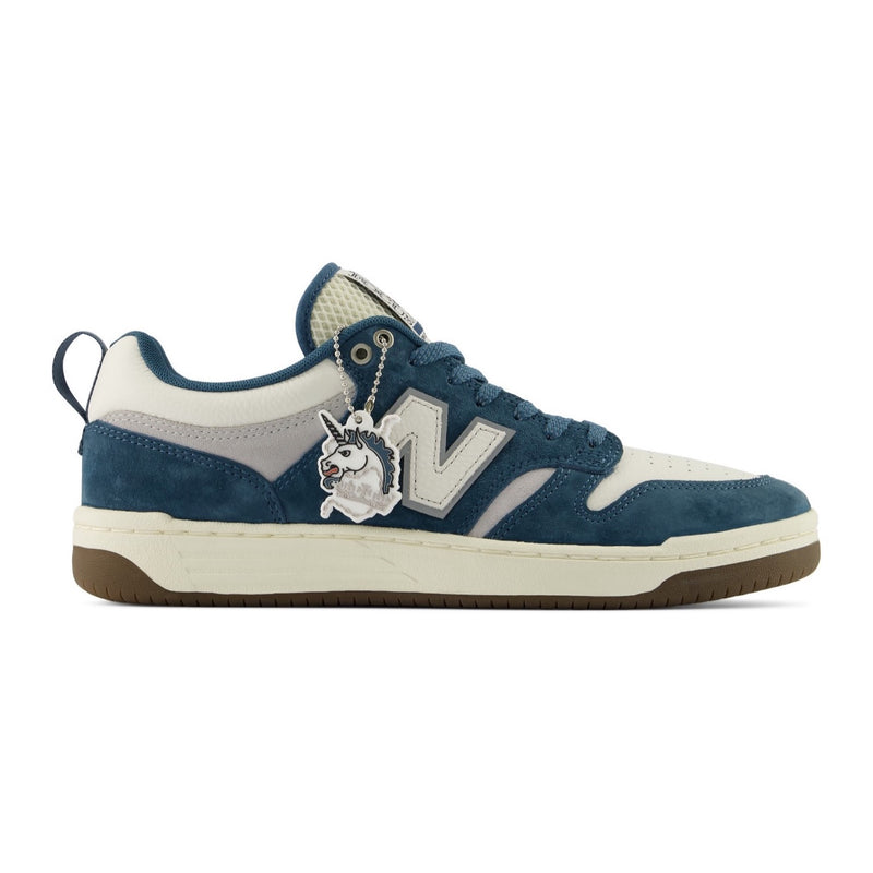 New Balance Numeric 480 Focus Skateshop in Blue/White, right side view with unicorn charm