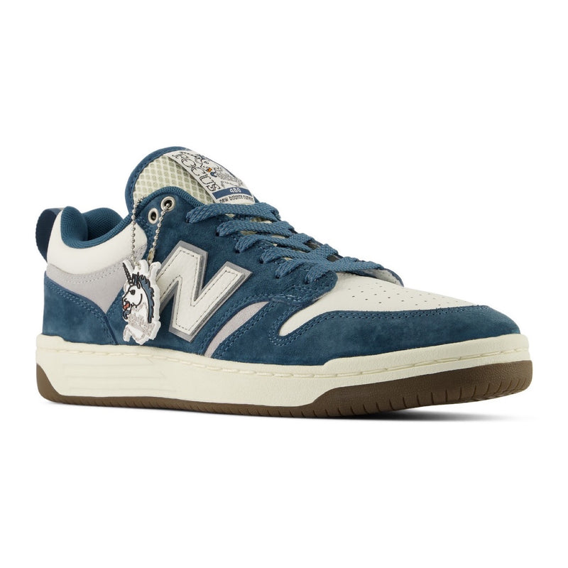 New Balance Numeric 480 Focus Skateshop in Blue/White, angled right shoe with unicorn charm