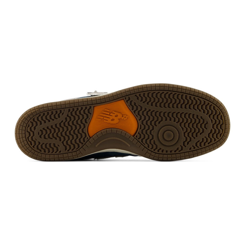 New Balance Numeric 480 Focus Skateshop in Blue/White, gum outsole with orange accent