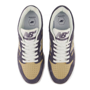 A pair of New Balance 480 sneakers shown from a top-down view. The shoes feature a color-blocked design with dark grey suede overlays, beige suede toe panels, white laces, and a white midsole.