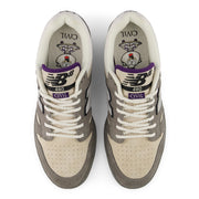 New Balance Numeric 480 x Civil sneakers in a beige, gray, and purple colorway, shown from a top-down view on a white background. The shoes feature a beige leather upper, gray suede overlays, white laces, and purple accents on the tongue labels.