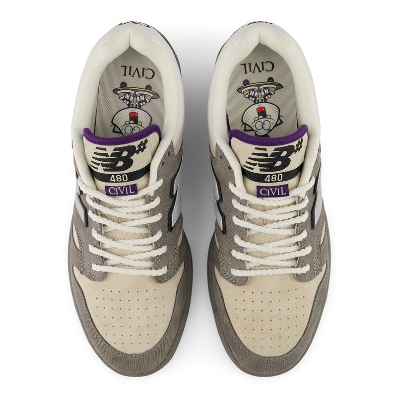 New Balance Numeric 480 x Civil sneakers in a beige, gray, and purple colorway, shown from a top-down view on a white background. The shoes feature a beige leather upper, gray suede overlays, white laces, and purple accents on the tongue labels.