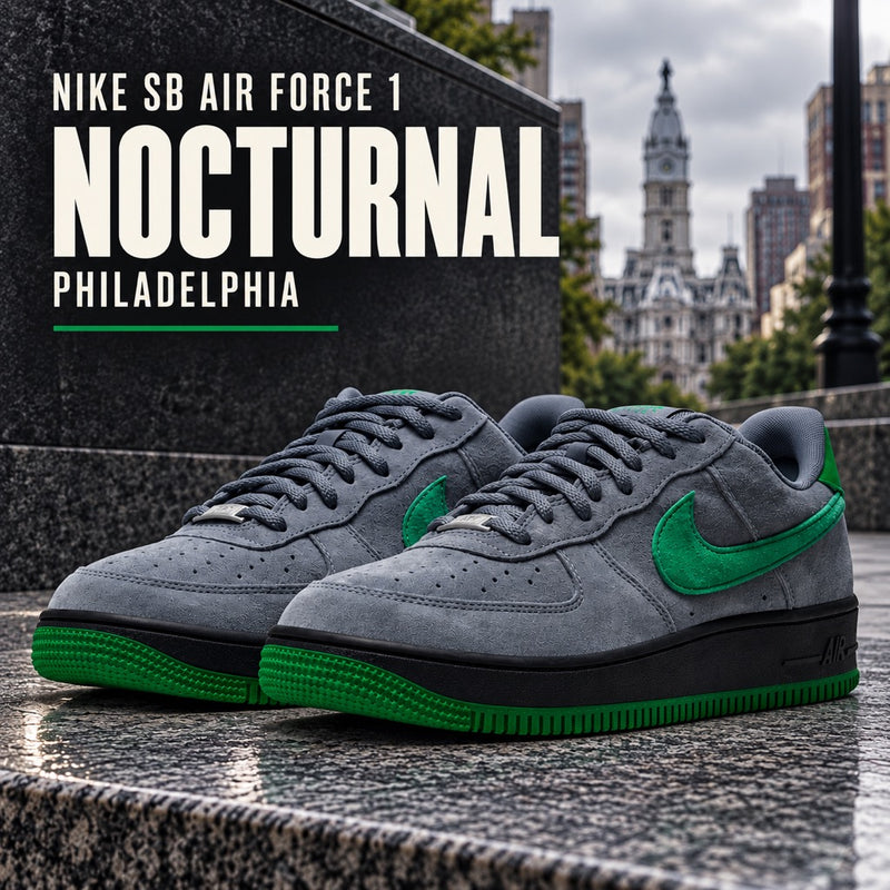 Nike SB Air Force 1 Nocturnal mobile banner in Cool Grey and Court Green with a Philadelphia granite plaza and City Hall backdrop.