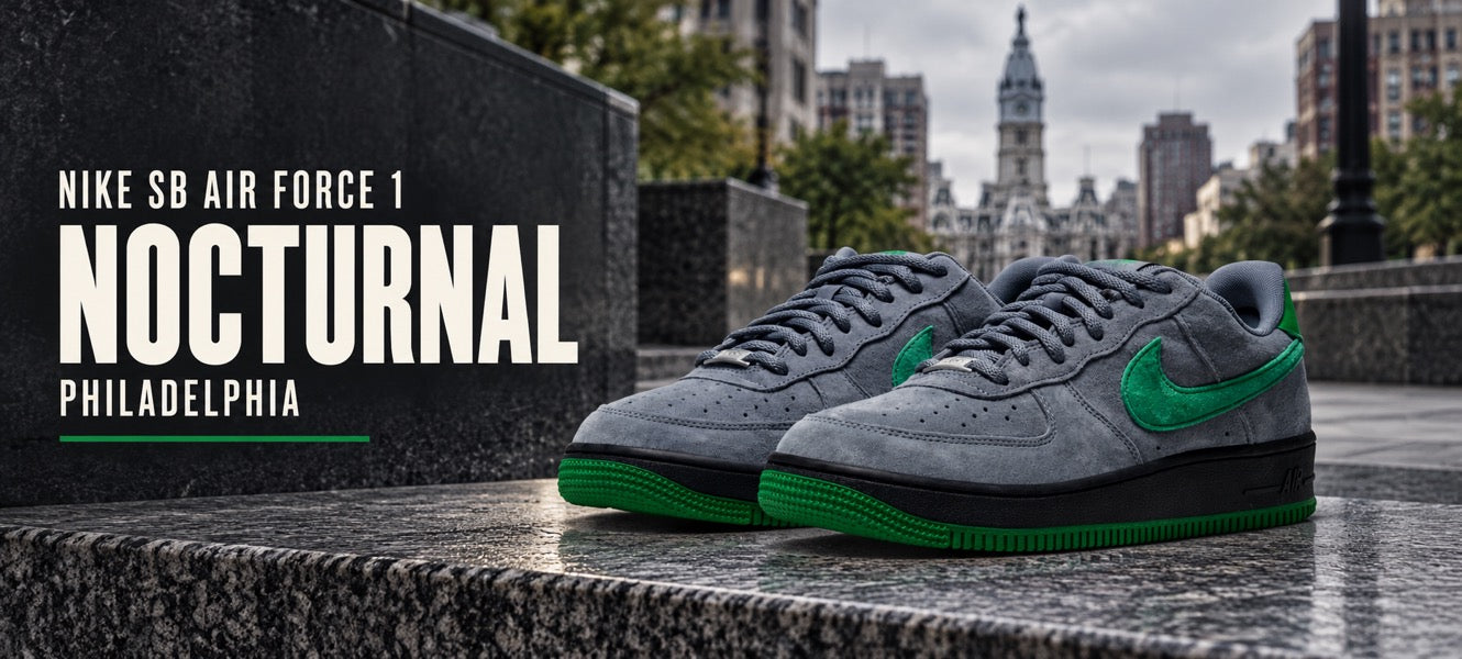Nike SB Air Force 1 Nocturnal in Cool Grey and Court Green on a granite ledge, with Philadelphia City Hall in the background.