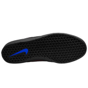 The black textured outsole of a Nike shoe, featuring a bright blue Nike Swoosh logo on the heel.