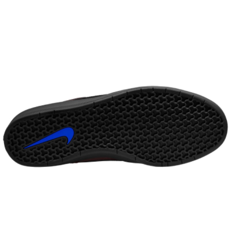 The black textured outsole of a Nike shoe, featuring a bright blue Nike Swoosh logo on the heel.