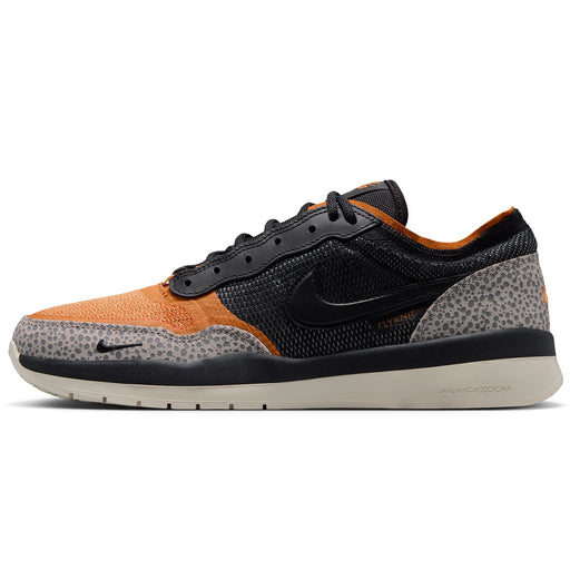 Nike SB PS8 - Freinds & Family in black, orange, and gray, featuring a textured knit upper, a black Swoosh, and a gray leopard-print pattern on the toe and heel, with a cream-colored midsole.