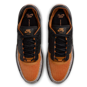 Nike SB PS8 - Friends & Family sneakers shown from a top-down view. The shoes feature a black mesh upper with a vibrant orange knit toe box, black laces, and a speckled gray and black midsole.