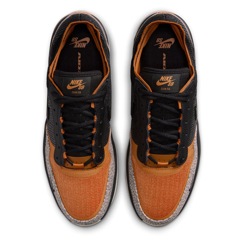 Nike SB PS8 - Friends & Family sneakers shown from a top-down view. The shoes feature a black mesh upper with a vibrant orange knit toe box, black laces, and a speckled gray and black midsole.