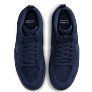 Nike SB React Leo - Navy/Navy A pair of navy blue suede high-top sneakers shown from a top-down view on a white background. The brand name 'Leo Baker' is printed in white on the tongue of each shoe.