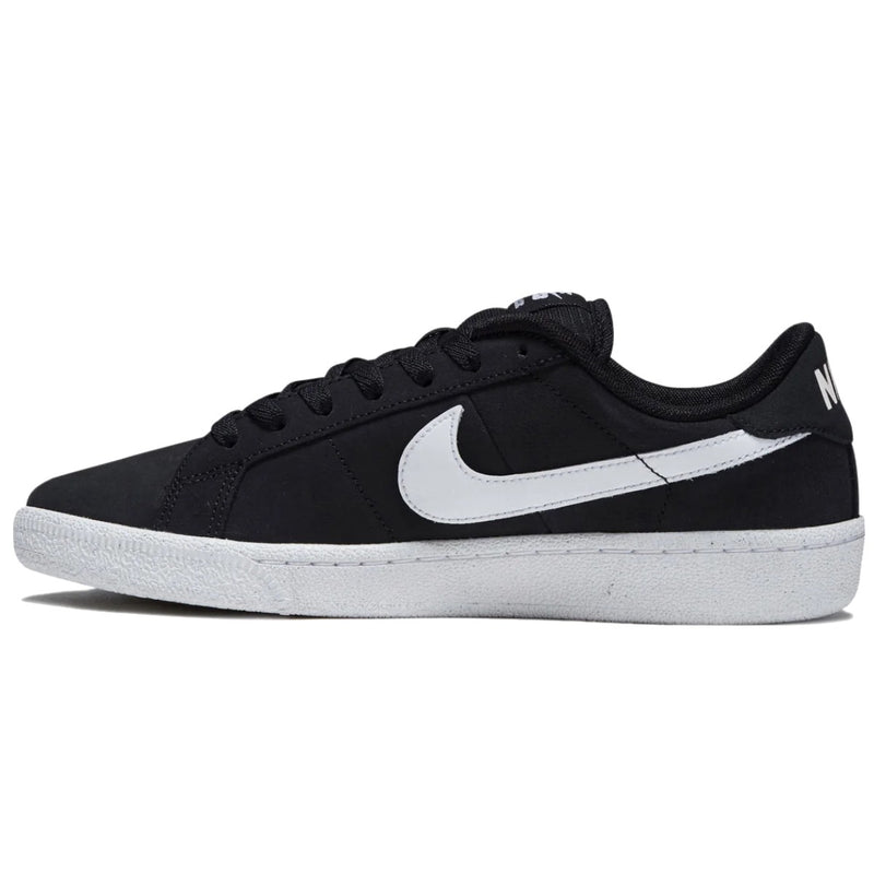 A black Nike low-top sneaker with a white Swoosh and a white rubber sole, shown in a side profile.