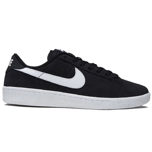 A black Nike low-top sneaker with a white Swoosh and a white rubber sole, shown from a side profile view.