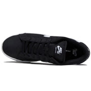 A black Nike SB Dunk Low sneaker shown from a top profile view.