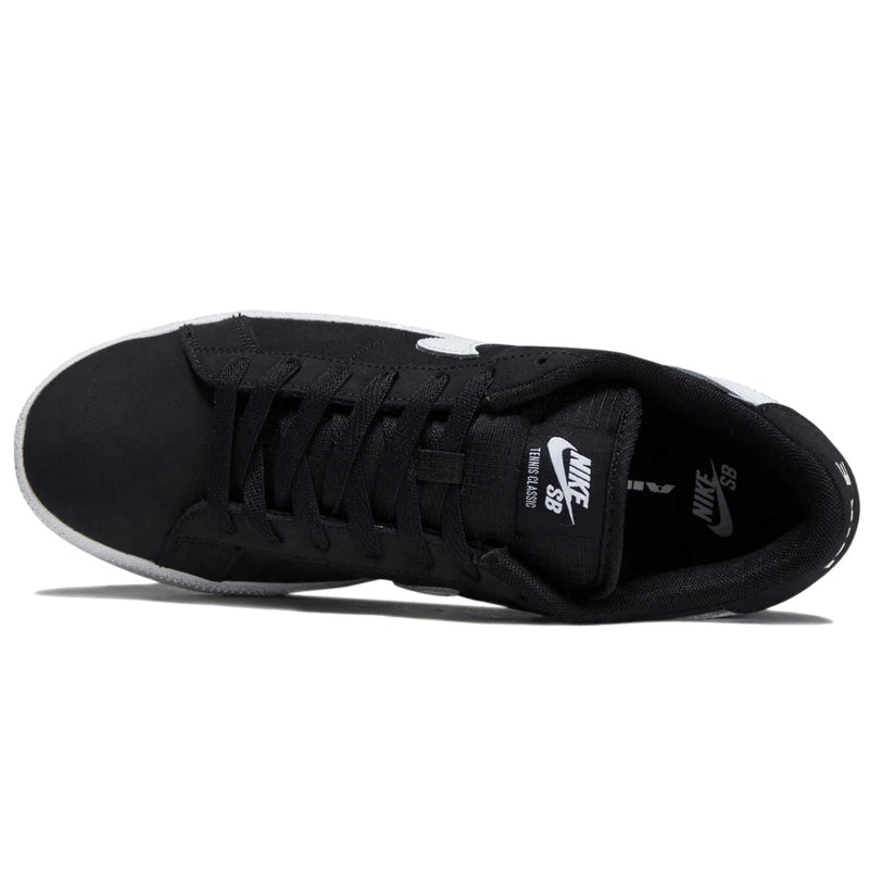 A black Nike SB Dunk Low sneaker shown from a top profile view.