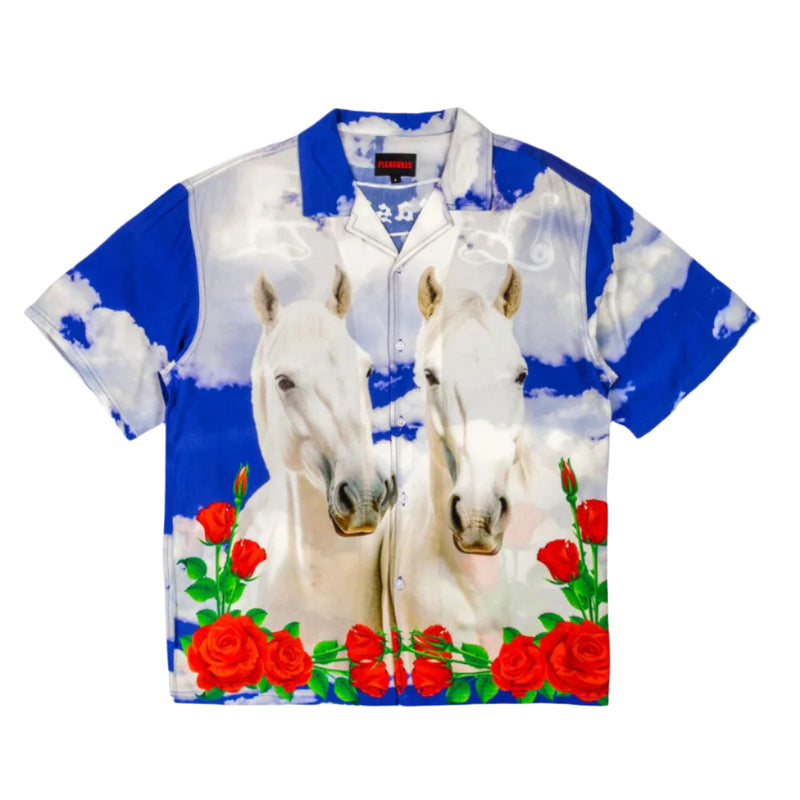 Pleasures White Horse Button Up - Blue | Underground Skate Shop