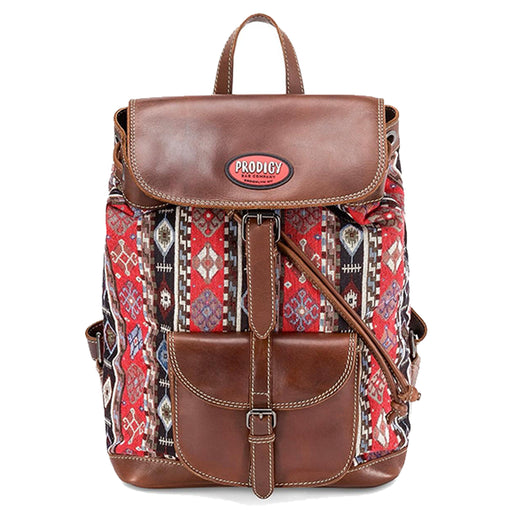 Backpack with patterned front and brown leather accents, featuring the Prodigy brand.