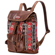 Brown backpack with patterned front pocket on a white background