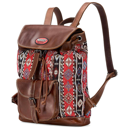 Brown backpack with patterned front pocket on a white background