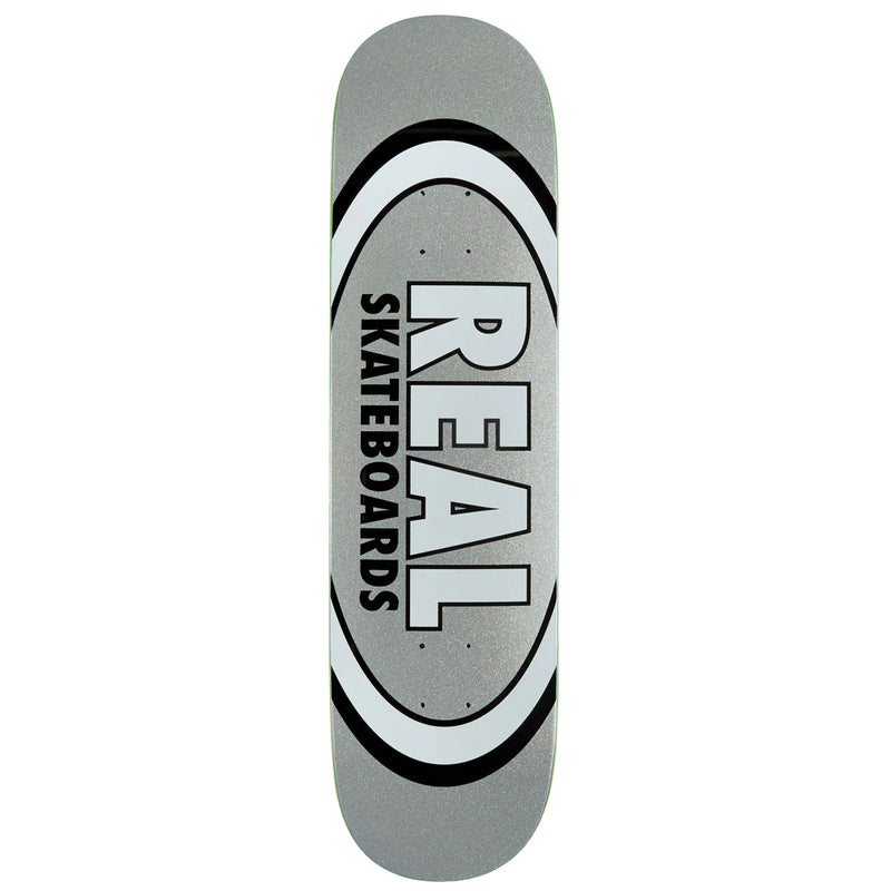 Gray skateboard deck with 'Real Skateboards' logo on a white background