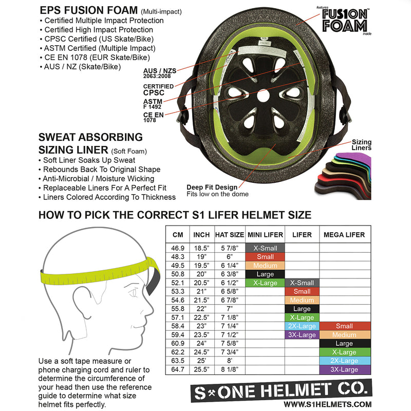 S1 Life Helmet - Size Chart