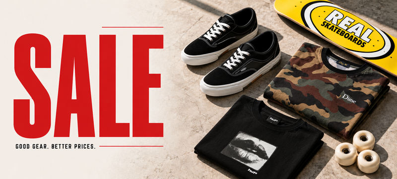 Sale — Good gear. Better prices. Vans black and white shoes, HUF and Dime T-shirts, a yellow Real skateboard deck and skate wheels.