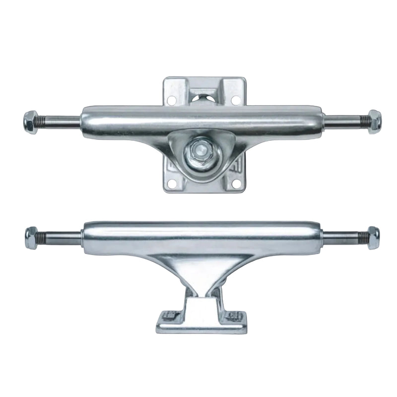 Slappy Classic skateboard trucks shown against a black background, one oriented horizontally with the top side facing up and the other with the bottom side facing up.