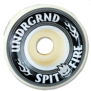 A single skateboard wheel from Undergrind, featuring a black and white printed design with flame graphics and the text 'UNDERGRIND' and 'SPIT FIRE' on a clean white background.