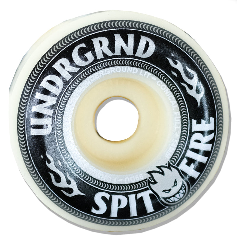 A single skateboard wheel from Undergrind, featuring a black and white printed design with flame graphics and the text 'UNDERGRIND' and 'SPIT FIRE' on a clean white background.