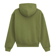 The back view of a solid olive green pullover hoodie on a clean white background.