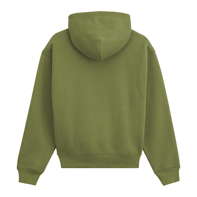 The back view of a solid olive green pullover hoodie on a clean white background.