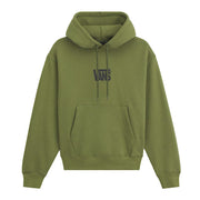 An olive green pullover hoodie with a dark gray Vans logo on the chest, displayed against a solid white background.