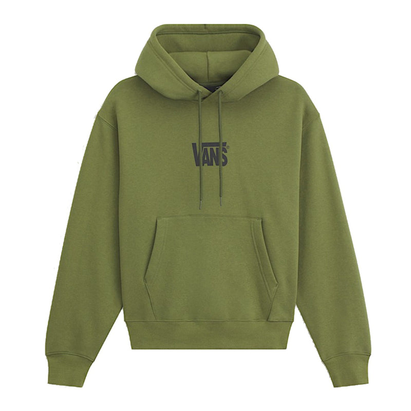 An olive green pullover hoodie with a dark gray Vans logo on the chest, displayed against a solid white background.