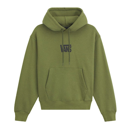An olive green pullover hoodie with a dark gray Vans logo on the chest, displayed against a solid white background.